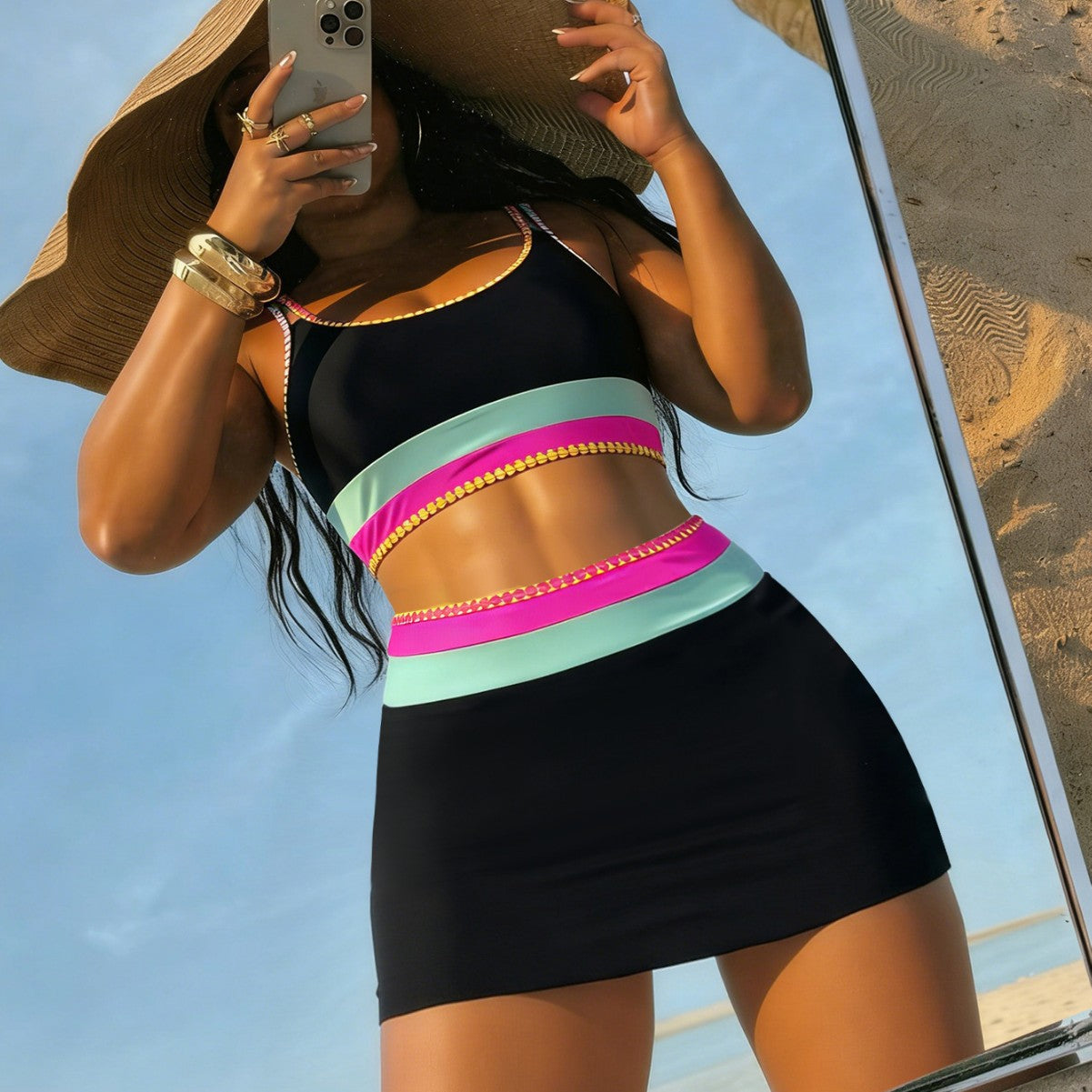 Contrast Color Double Shoulder Strap Scalloped Sexy Bikini Three Piece Set with Cover Skirt Swimsuit for Women WithWind