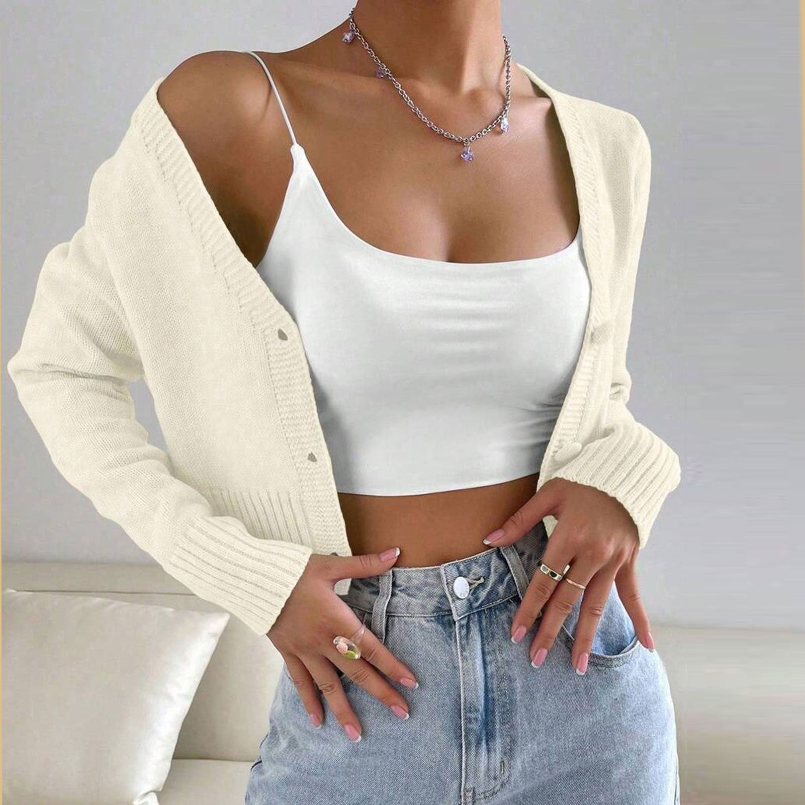 Fashionable Knitted Cardigan Women Spring Autumn round Neck Slim Short Solid Color Sweater Coat Owen