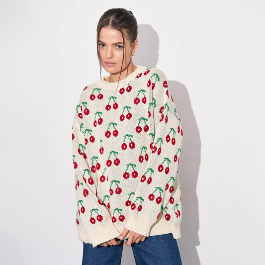 Cherry Printed Sweater Idle Loose Knitted Pullover Autumn Winter Sweet Cherry Sweater