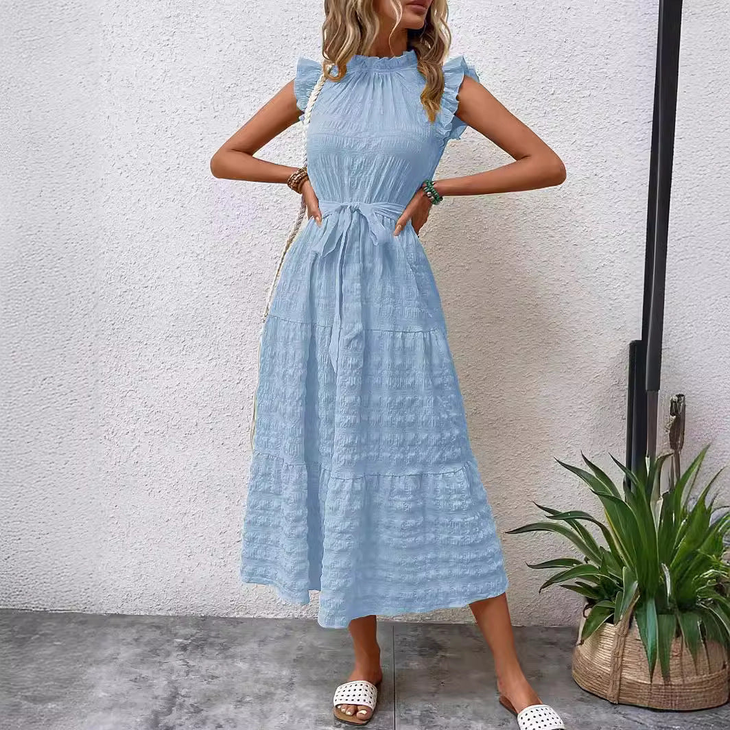 Women Clothing Summer Fashionable Stringy Selvedge Flying Sleeves Lace Up Texture Dress AXE