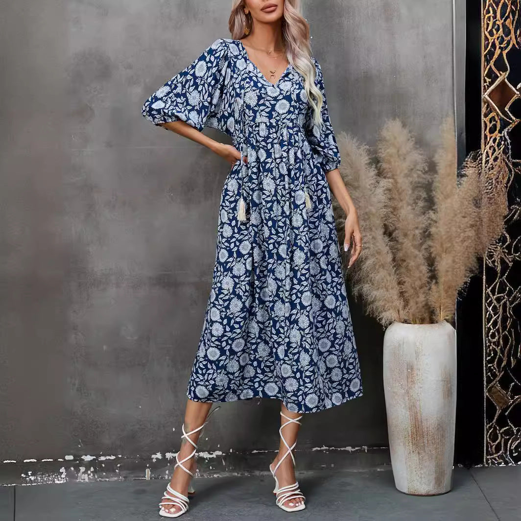 V neck Half Sleeve Rayon Dress Bohemian Holiday Beach Dress JoyMer