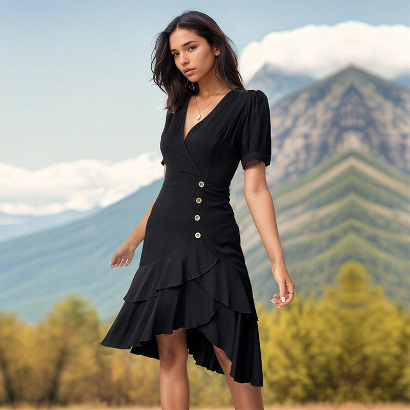 Summer Women Clothing Solid Color Irregular Asymmetric Slim Fit Dress HUNDRED