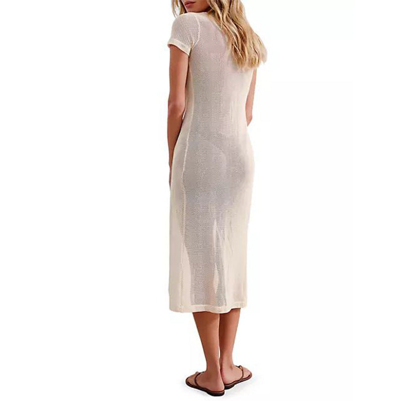 Summer Beach Dress Women Solid Color Sexy Hollow Out Cutout Beach Bikini Swimsuit Cover up Sun Protection Clothing Mangar