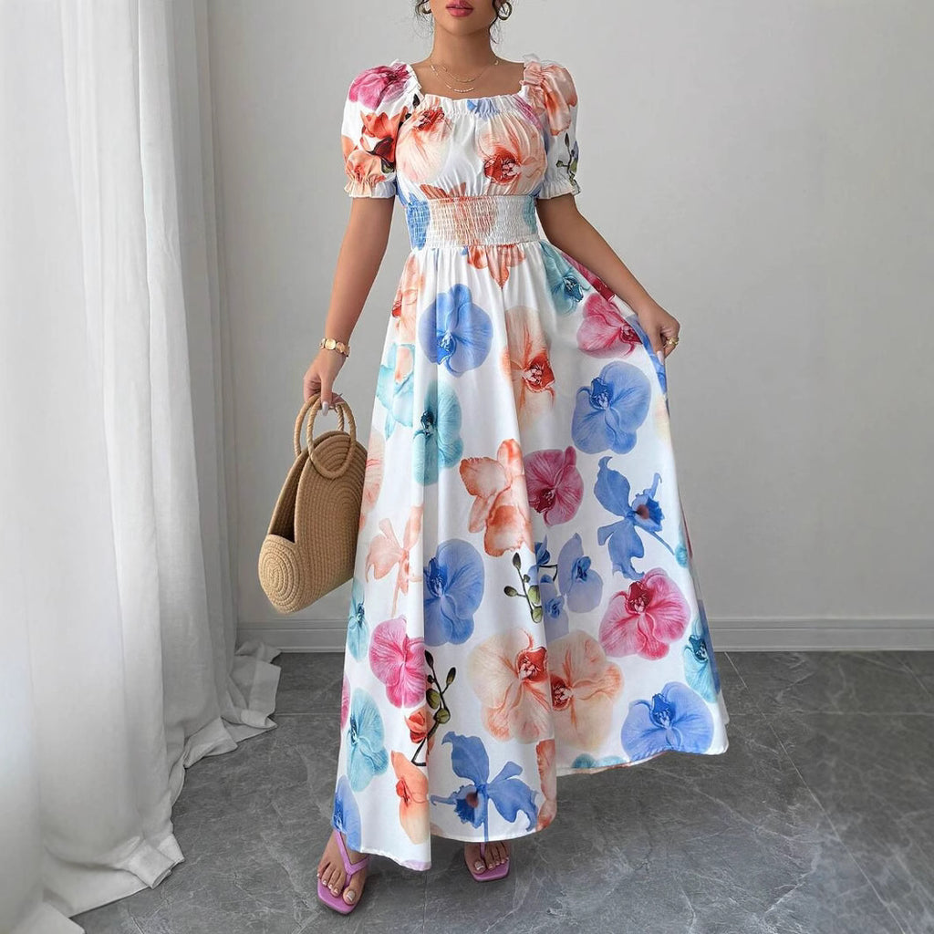 Summer Bubble Sleeve High Waist Tight Waist Women Printed Wear Large Swing Sling Dress SCC