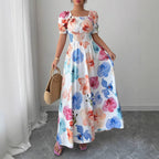 Summer Bubble Sleeve High Waist Tight Waist Women Printed Wear Large Swing Sling Dress SCC