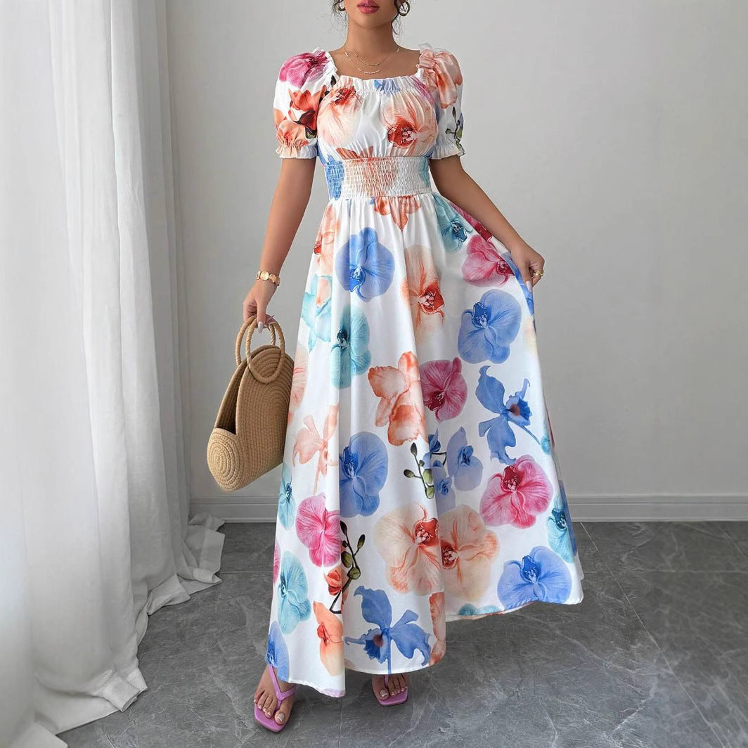 Summer Bubble Sleeve High Waist Tight Waist Women Printed Wear Large Swing Sling Dress SCC