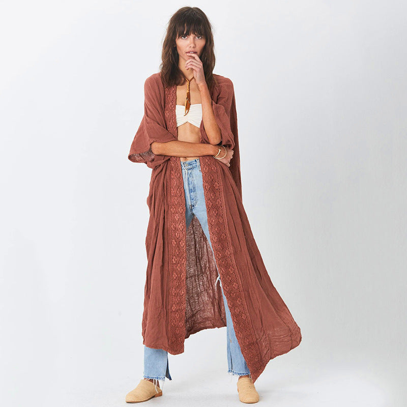 Rust Red Lace Cardigan Loose Beach Sun Protection Coat Beach Cover Up Swimsuit Outwear Women EvenStar