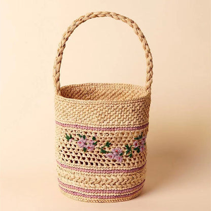 Bolso de paja con bordado floral de rafia, bolso francés de un solo hombro, bolso de paja portátil, bolso tejido, bolso de playa para vacaciones en la playa, bolso para mujer 