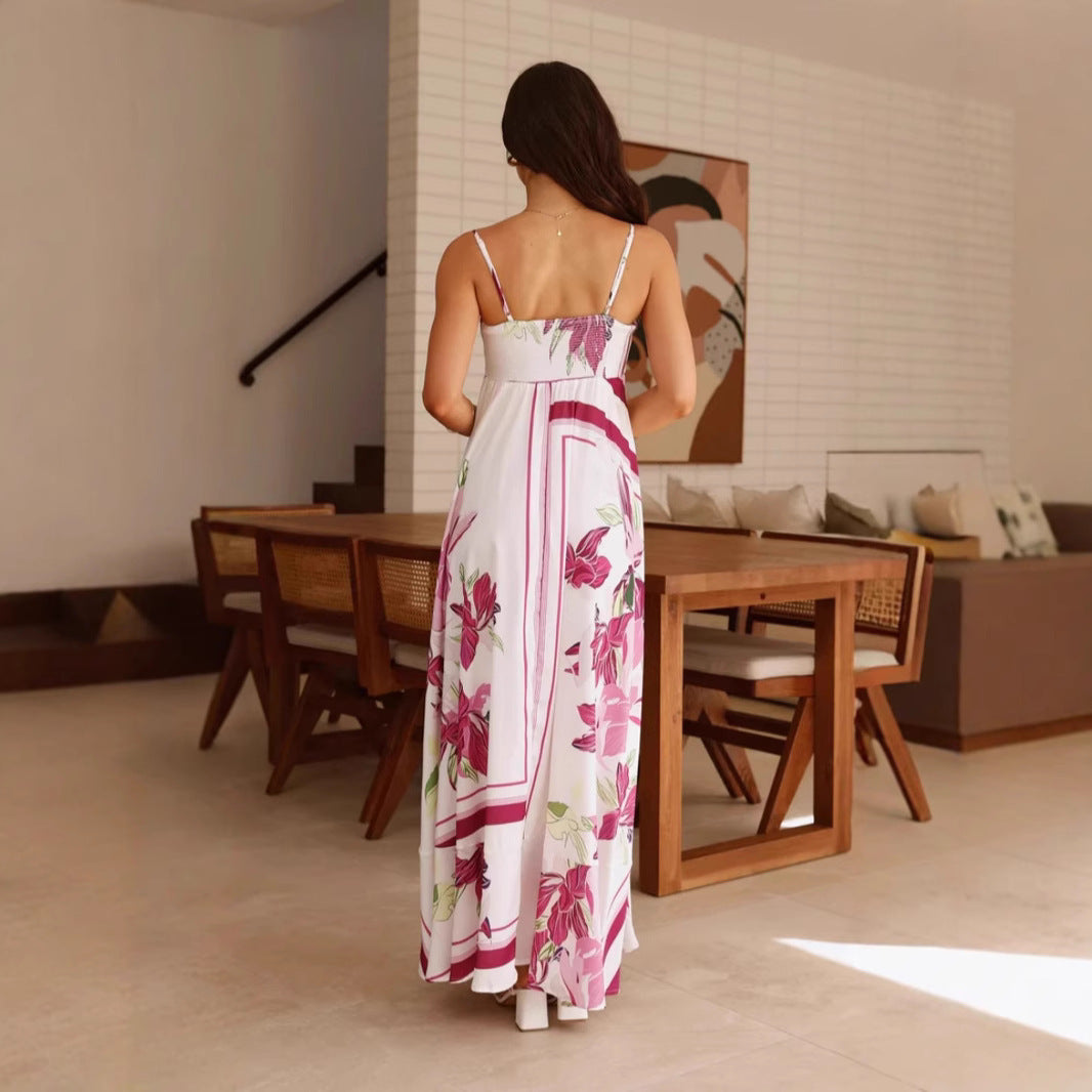 Printed Sling High Waist A line Dress Casual Vacation Spaghetti Straps Maxi Dress Zemy
