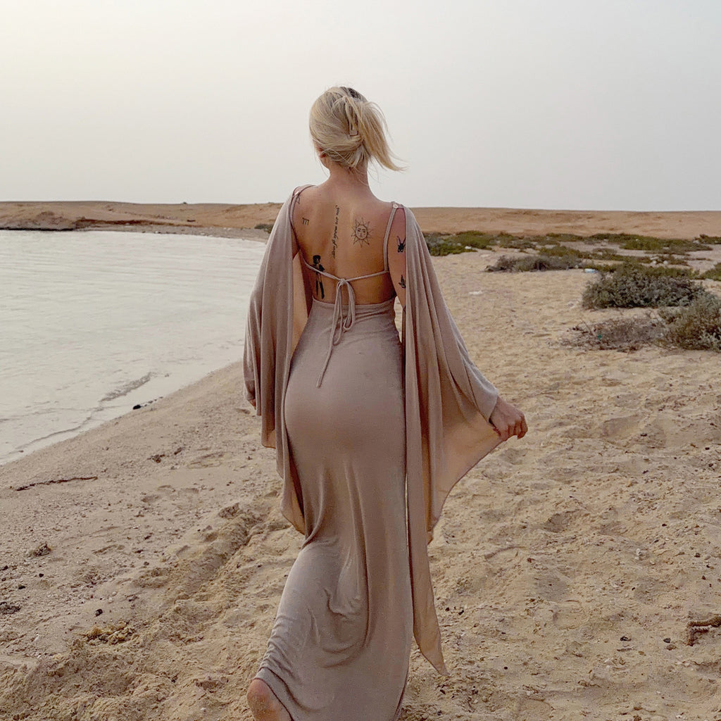 Sexy Adult Lady like Woman Elegant Batwing Sleeve Shawl Strap Backless Cami Dress Two Piece Set for Women LingSharp