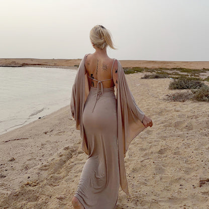 Sexy Adult Lady like Woman Elegant Batwing Sleeve Shawl Strap Backless Cami Dress Two Piece Set for Women LingSharp