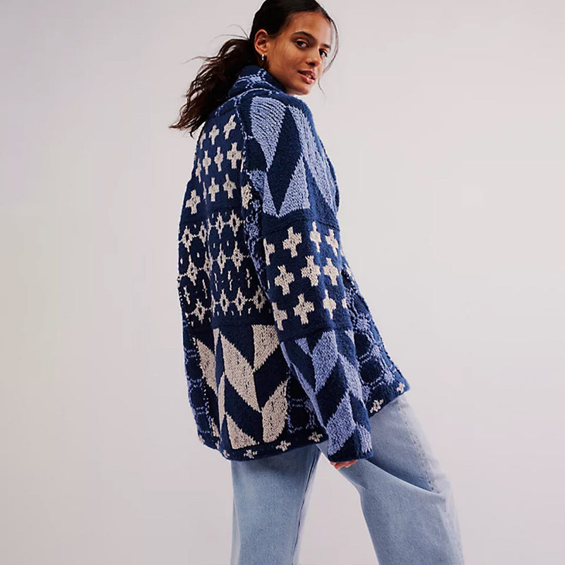 Autumn Winter Knitwear Abstract Printing Collared Loose Long Sleeve Knitted Sweater for Women Mangar