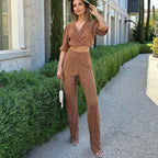 Summer Casual Straight Pants Suit Solid Color Pleated Short Sleeve V neck Lace up Top Trousers Two Piece Set BESSY
