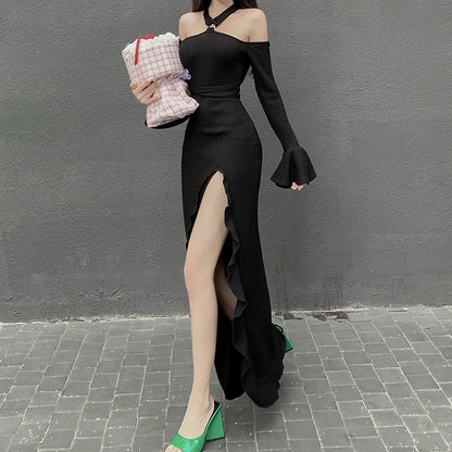 Women Clothing Sexy One Sleeve Tube Top Halter Tied Dress Ruffled Split Sexy Dress for Women