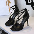 Cocktail Sexy Leopard Print Square Toe Suede Stiletto Women Shoes Hollow Out Cutout out Strap Super High Heel Sandals ForestFootwear