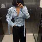 Women Clothing Striped Collared Shirt Women Waist Controlled Long Sleeves Lace up Cardigan Shirt Top Kigali