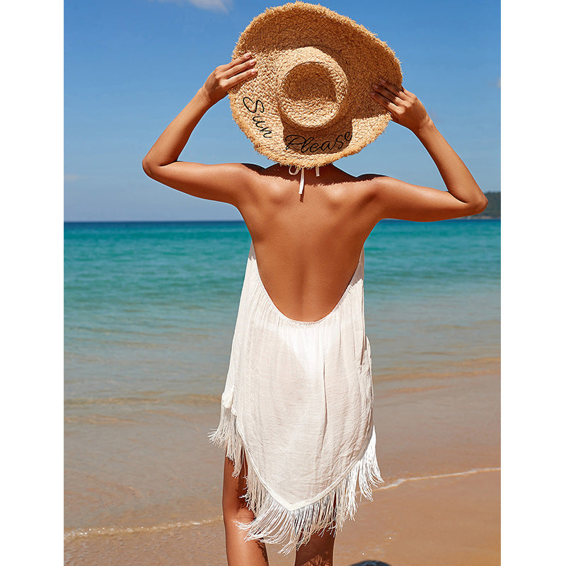 Sling Beach Overskirt Seaside Vacation Pullover Solid Color Beach Sun Protection Clothing Backless Tassel Bikini Smock Dress