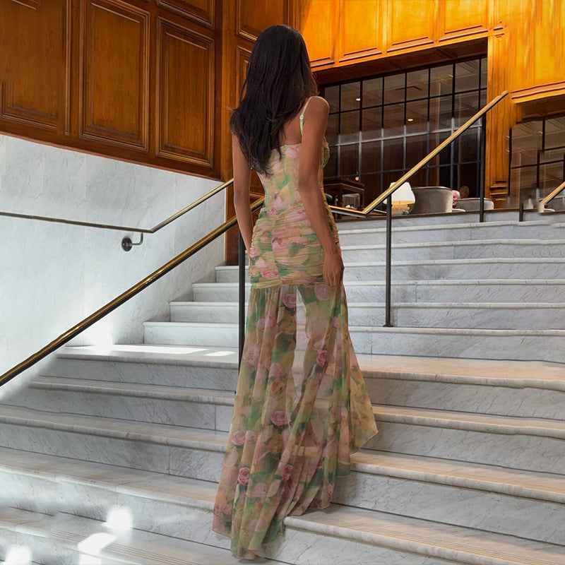 Vestido de verano para mujer, sexy, con tirantes finos y estampado floral, para vacaciones en la playa, cintura alta, adelgazante y abertura.