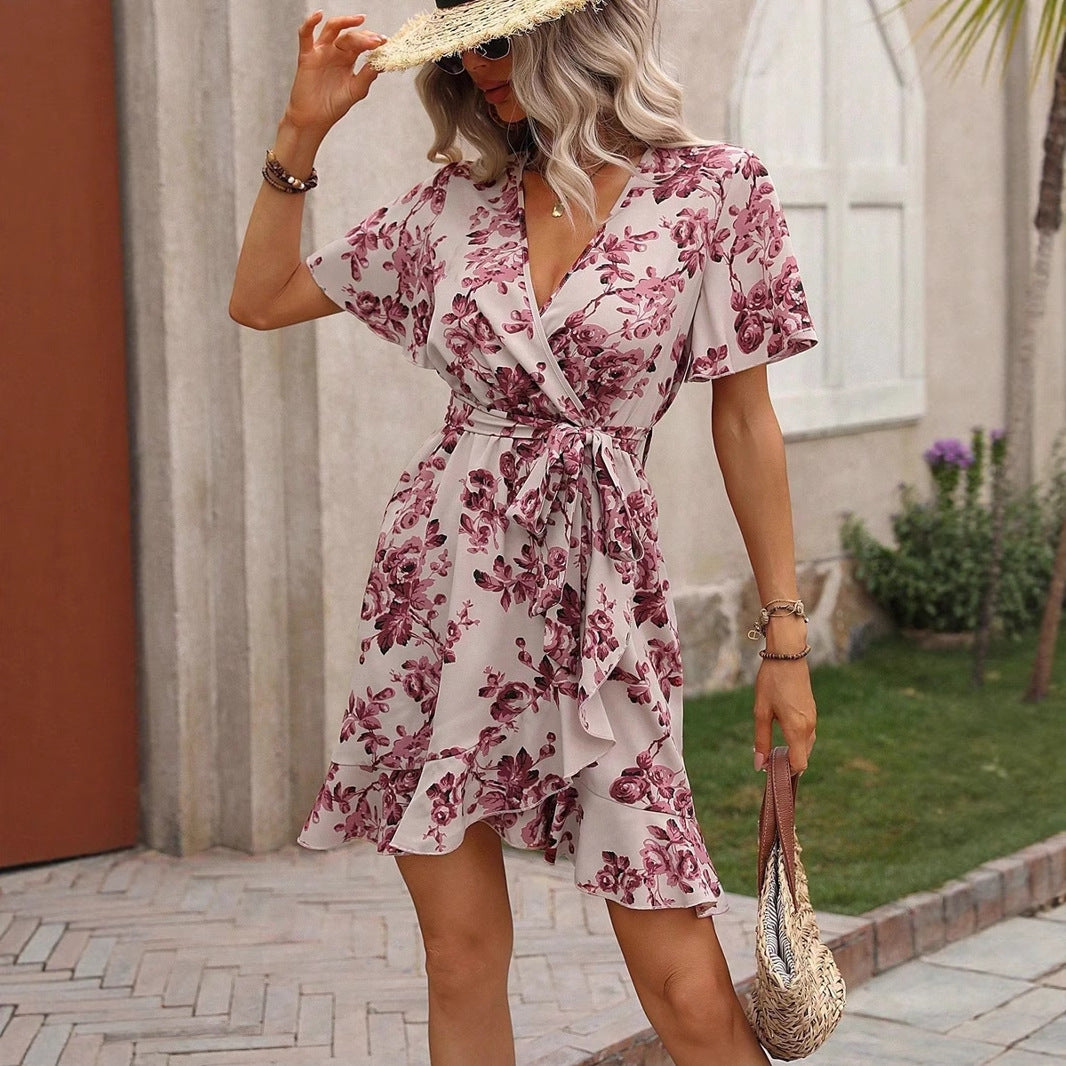Women Clothing Summer Printed Dress Spotted Ruffled Wrap Lace up