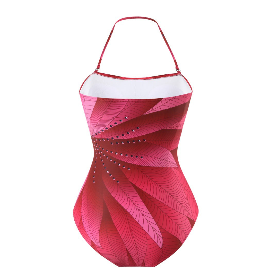 Traje de baño conservador con estampado digital y cuello halter de gasa para mujer
