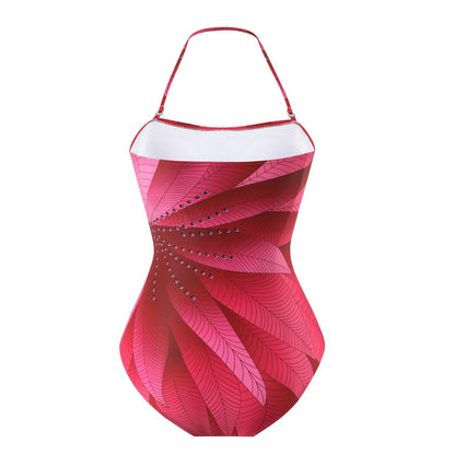 Traje de baño conservador con estampado digital y cuello halter de gasa para mujer