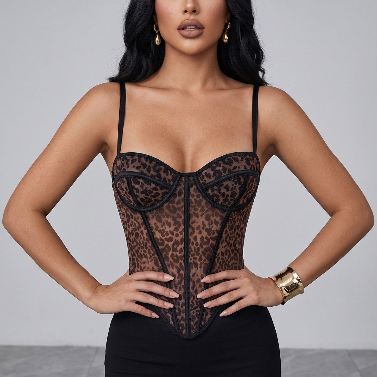 Bestseller Sexy Leopard Print Mesh Boning Corset Corset Spicy Girl Outfit Outerwear Waist Trainer Seductive Women Shapewear Caggiano