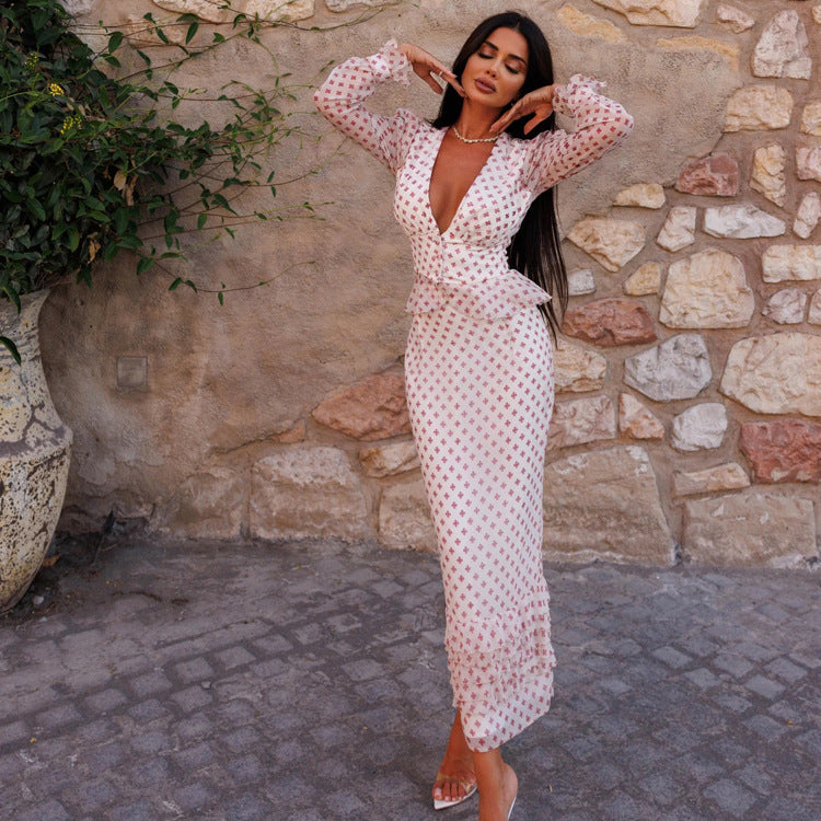 Women Clothing V neck Long Sleeve Waist-Controlled Top Printed Two Piece Skirt Set Kigali