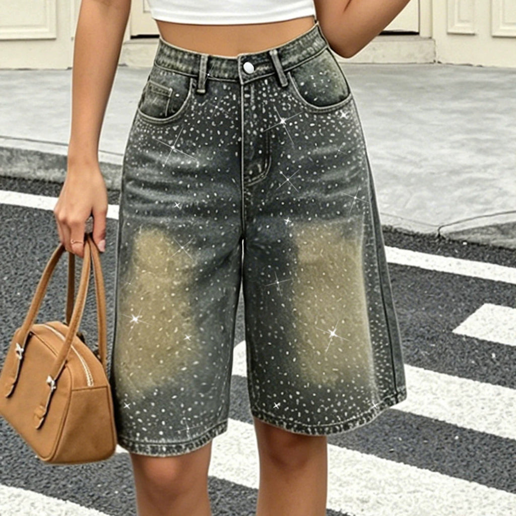 Rhinestone Wide Leg Jeans for Women Spring Autumn Design Trendy Do the Old Cowboy Sexy Middle Pants for Women ShineQuill