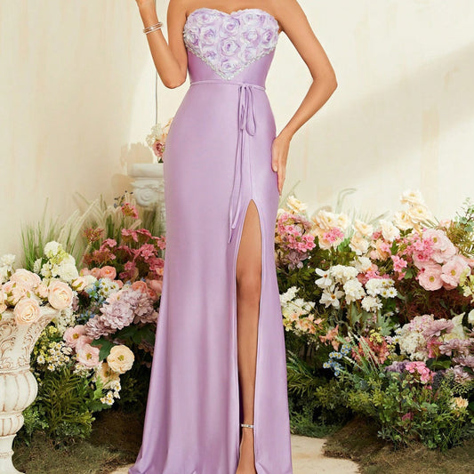 Evening Dress Tube Top Elegant Three Dimensional Embroidered Patchwork Knitting Fishtail Slit Dress Summer A Line