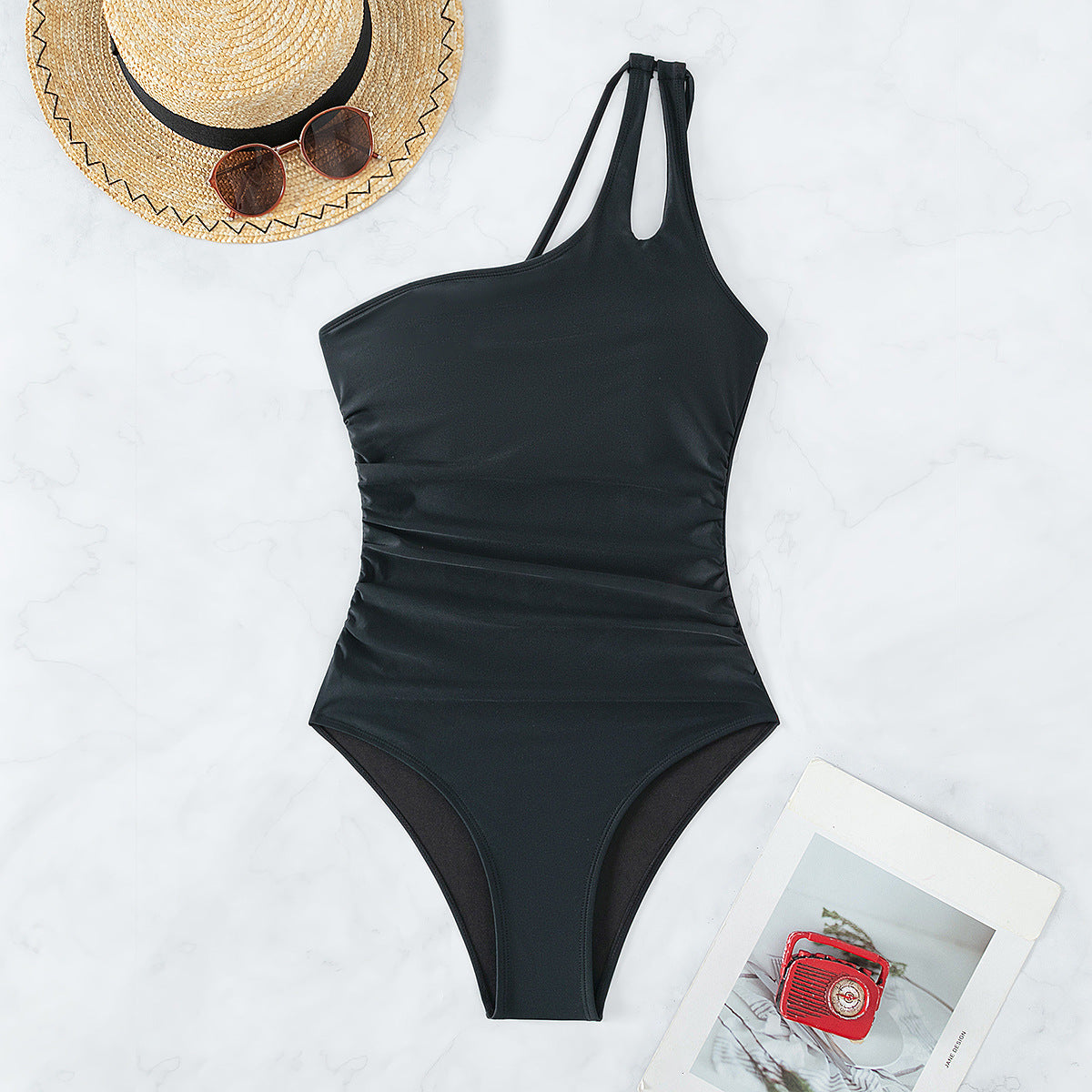 Traje de baño de una pieza de bikini de cintura alta sexy de un solo hombro de color sólido para mujer