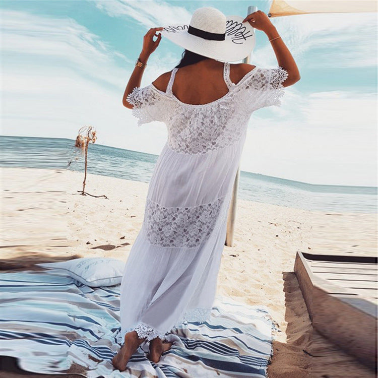 Rayon Stitching Lace Embroidery Beach Cover up Sexy Sling Dress Seaside Bikini Cover FlowWhite