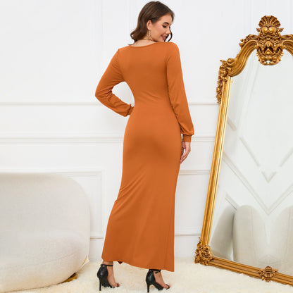 Sexy Elegant Deep V Plunge-neck Design Front Slit Pleated Waist Tight Sheath Dress