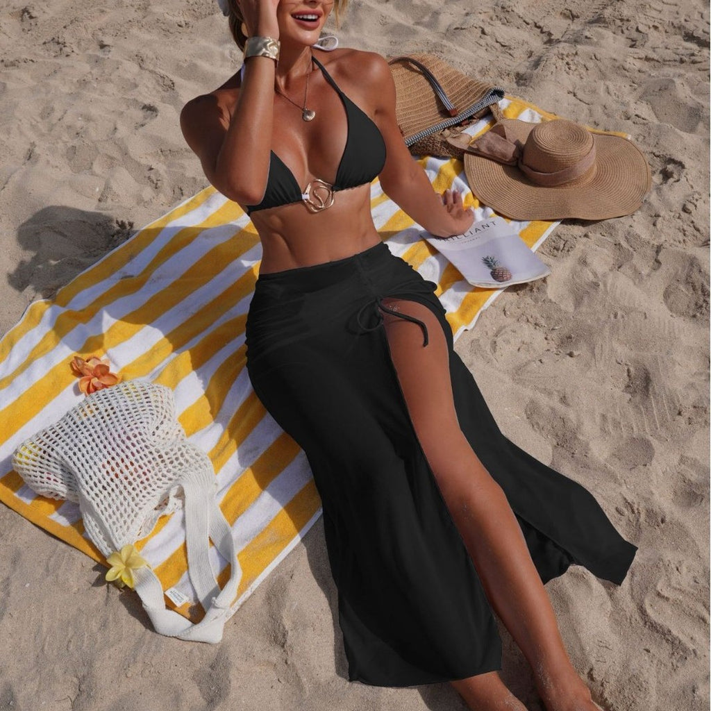 Solid Color Beach Sun Protection Tulle Skirt Sexy Three Piece Set Bikini Split Swimsuit SanYuva