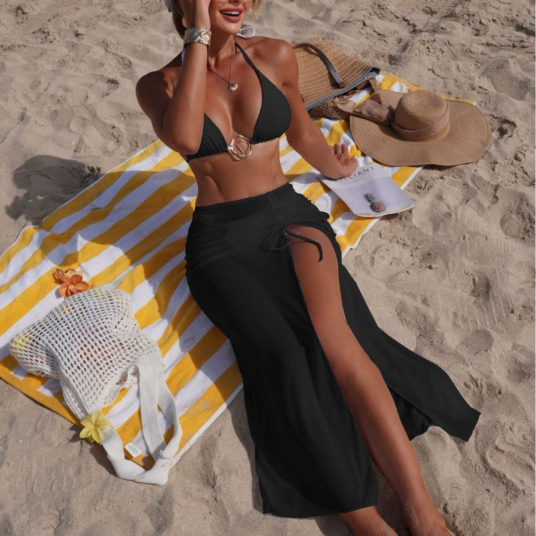 Solid Color Beach Sun Protection Tulle Skirt Sexy Three Piece Set Bikini Split Swimsuit SanYuva