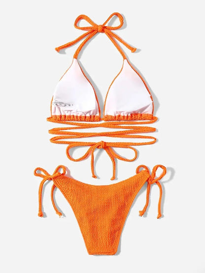 Lace Up Bikini Solid Color Triangle Bag Women Swimsuit Sexy Backless Swimsuit