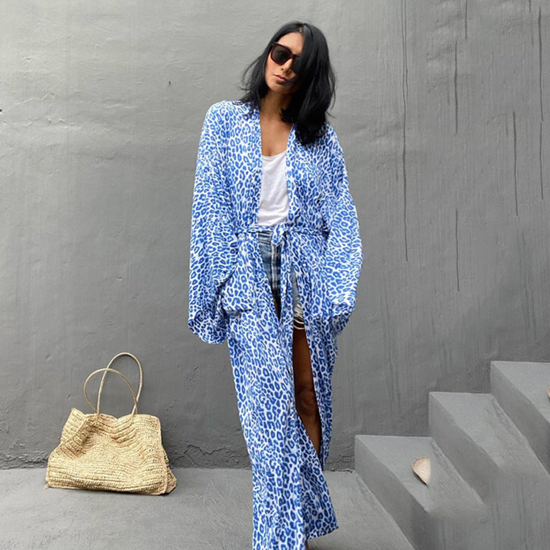 Cardigan long imprimé léopard ample pour la plage, protection solaire, cache-maillot de bain, vêtements d'extérieur pour femmes