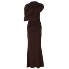 Women Clothing Summer Oblique Shoulder Design Skinny Sheath Pleated Irregular Asymmetric Dress