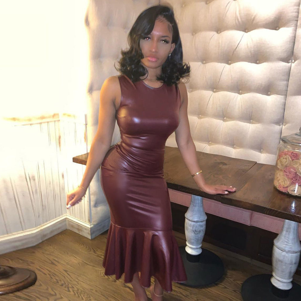 Women Clothing Spring Summer Faux Leather round Neck Sleeveless Waist Hip Pleated Fishtail Dress SaturdayNight