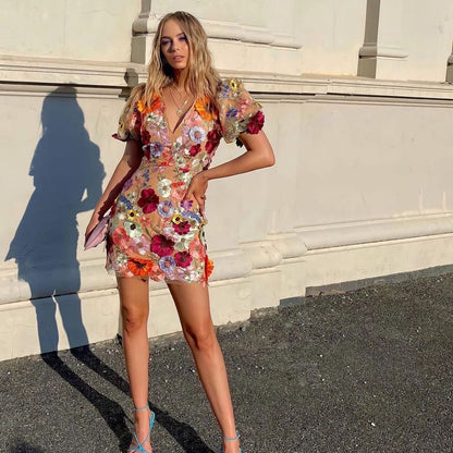 V neck Three Dimensional Floral Sheath Lantern Sleeve Dress Sexy Embroidered Dress