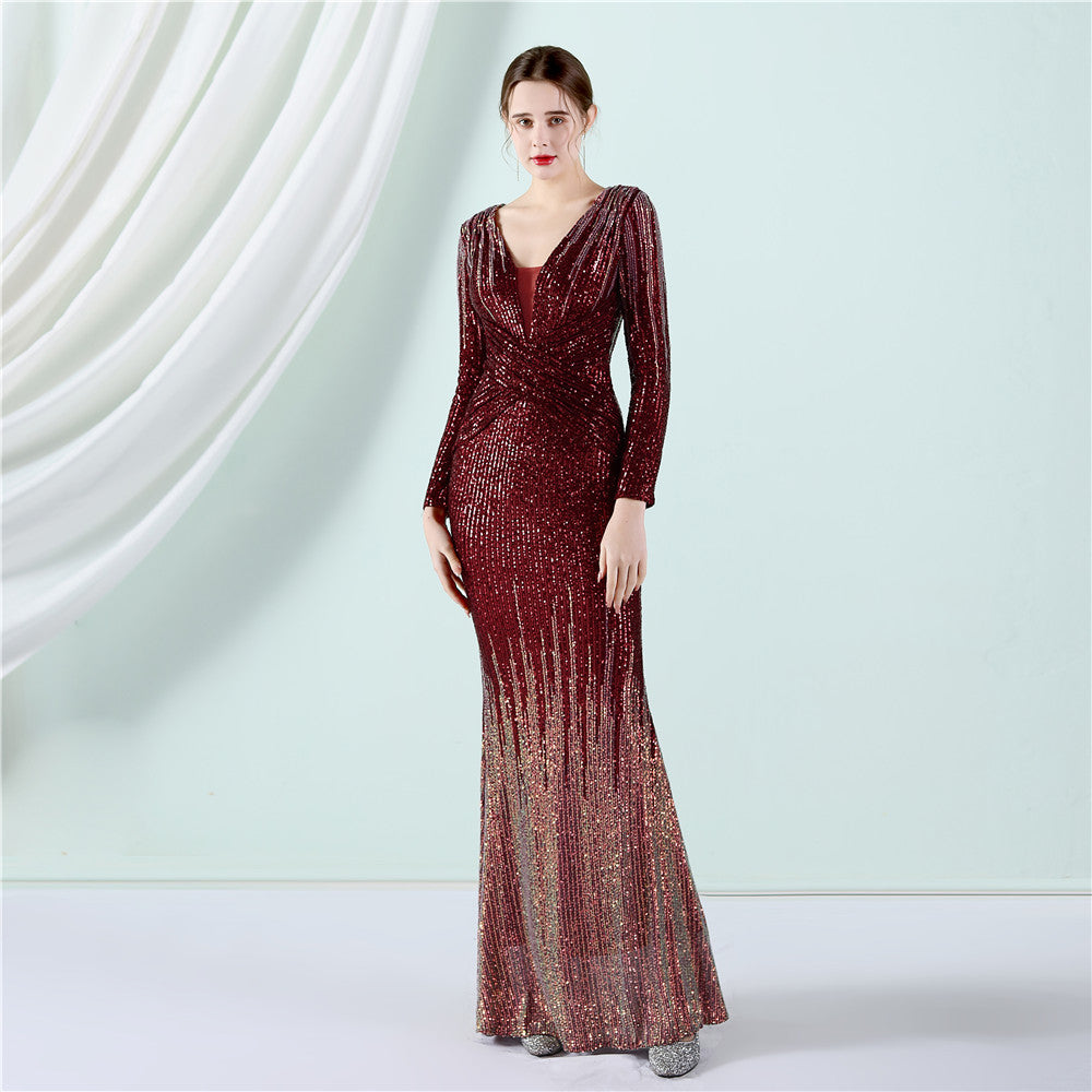 Gradient Sequin Long Sleeve Evening Dress Spring Summer Long Sequ Dress Toast Dress YENYU