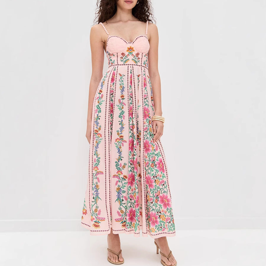 Spring Summer Suspender Positioning Printing Dress Vacation Loose Linen Dress Oyrina