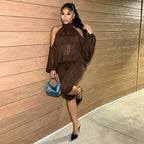 Women Clothing Autumn Winter Solid Color round Neck off the Shoulder Long Sleeve Top Tube Top Cropped Trousers Three Piece Set HONEYBADGER