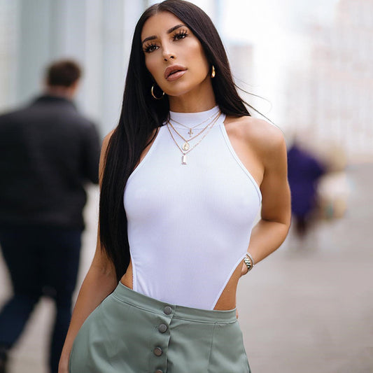 Summer Women Clothing Slim Vest Top Sexy Halter Sleeveless High Slit Bodysuit