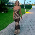 Spring Women Clothing Suspenders Leopard Print Lace Stitching Sexy See through Dress Dores