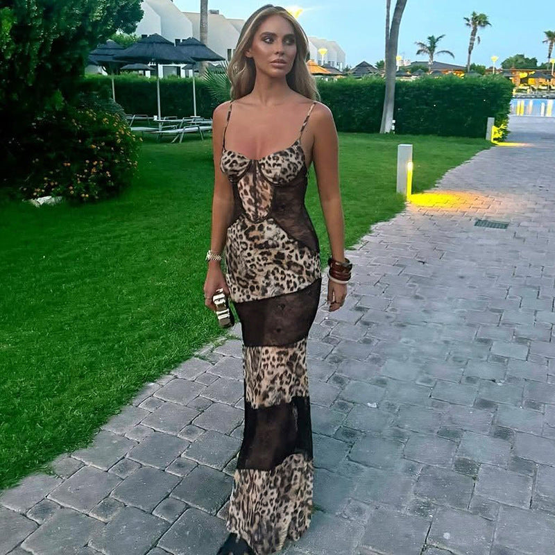 Spring Women Clothing Suspenders Leopard Print Lace Stitching Sexy See through Dress Dores