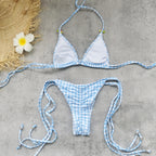 Striped Plaid Simple Printed Triangle Bikini Sexy Lace up Backless Split Swimsuit Women Thunder