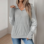 Simple Artistic Top Floral Print Long Sleeve Hooded Half Cardigan Sweater for Women