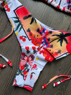 Traje de baño para mujer, bikini triangular estampado con cordones, bikini de tres puntos.
