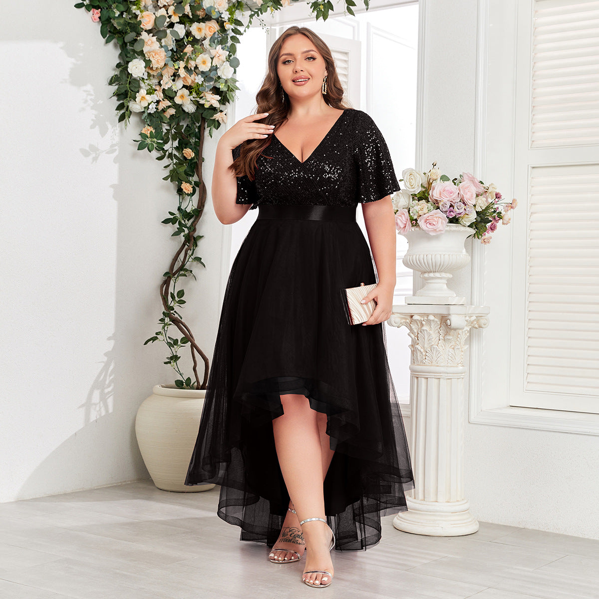 Spring Summer Double V neck Elastic Waist Short Sleeve Irregular Asymmetric Evening Dress Party Midi Women Dress HENGACHI