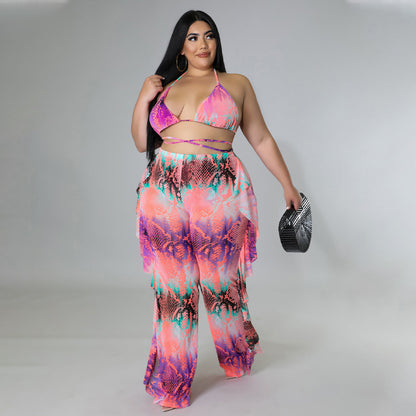 Summer Beach Sexy Special Printed Swimsuit Mesh Three Piece Set